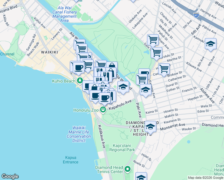 map of restaurants, bars, coffee shops, grocery stores, and more near 283 Wai Nani Way in Honolulu