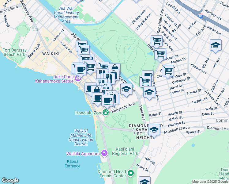 map of restaurants, bars, coffee shops, grocery stores, and more near 283 Wai Nani Way in Honolulu