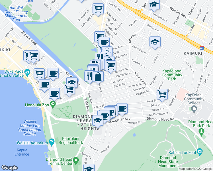 map of restaurants, bars, coffee shops, grocery stores, and more near 3133 Duval Street in Honolulu