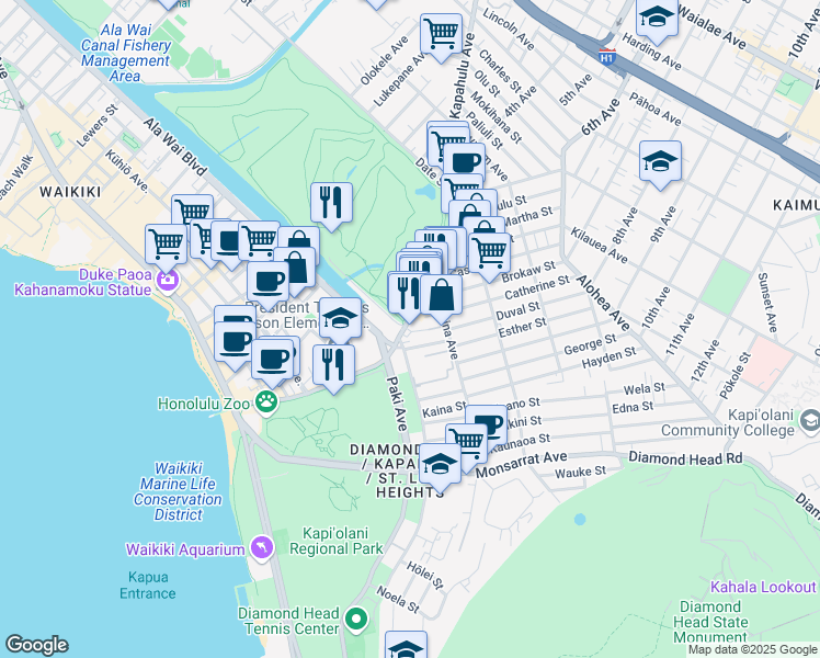 map of restaurants, bars, coffee shops, grocery stores, and more near 400 Kapahulu Avenue in Honolulu