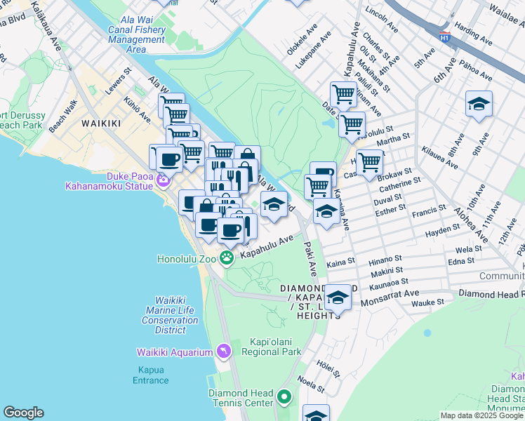 map of restaurants, bars, coffee shops, grocery stores, and more near 283 Wai Nani Way in Honolulu