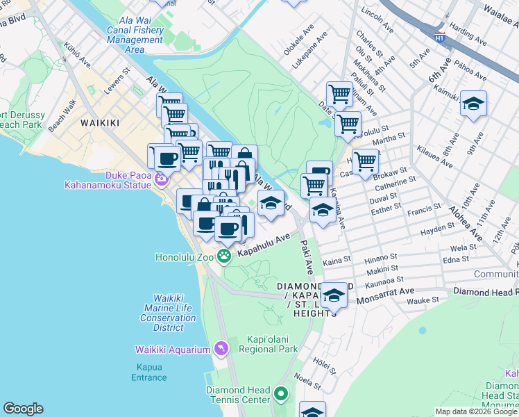 map of restaurants, bars, coffee shops, grocery stores, and more near 283 Wai Nani Way in Honolulu