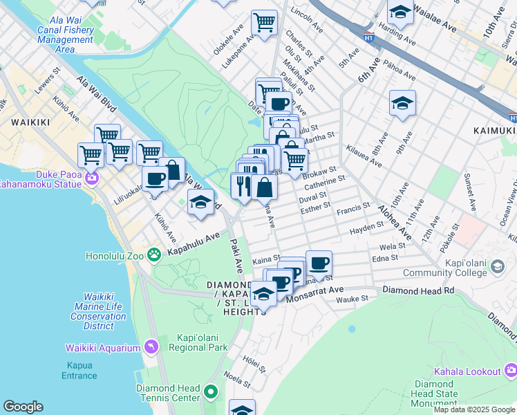 map of restaurants, bars, coffee shops, grocery stores, and more near 3355C Kanaina Avenue in Honolulu