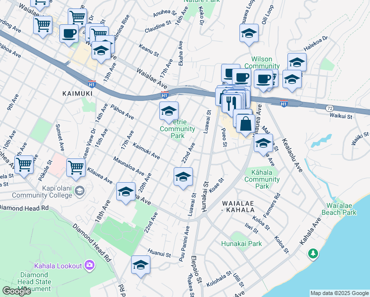 map of restaurants, bars, coffee shops, grocery stores, and more near 4119 Pāhoa Avenue in Honolulu
