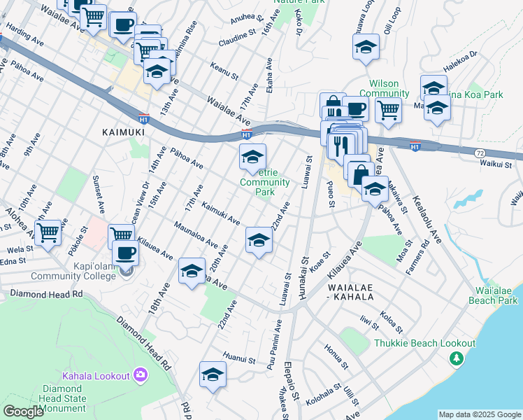 map of restaurants, bars, coffee shops, grocery stores, and more near 944 21st Avenue in Honolulu