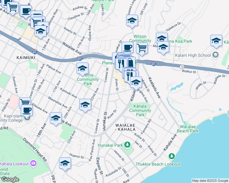 map of restaurants, bars, coffee shops, grocery stores, and more near 4256 Pahoa Avenue in Honolulu