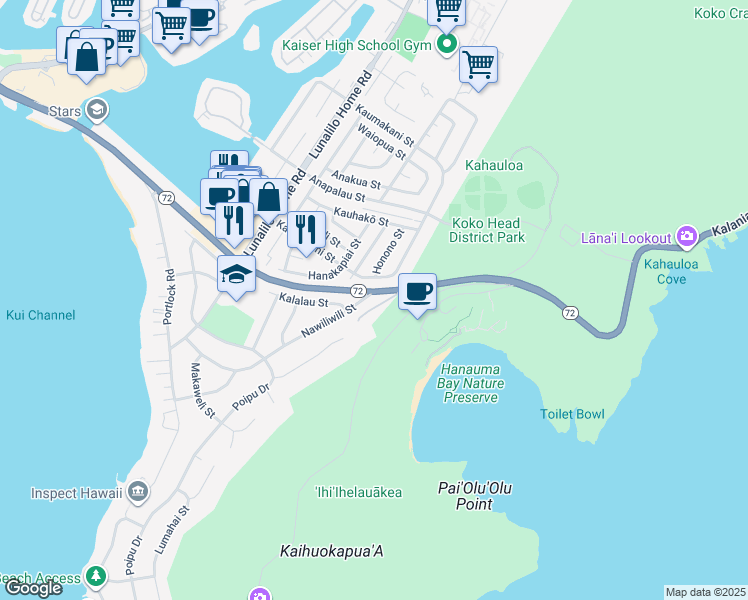 map of restaurants, bars, coffee shops, grocery stores, and more near 189 Nawiliwili Street in Honolulu