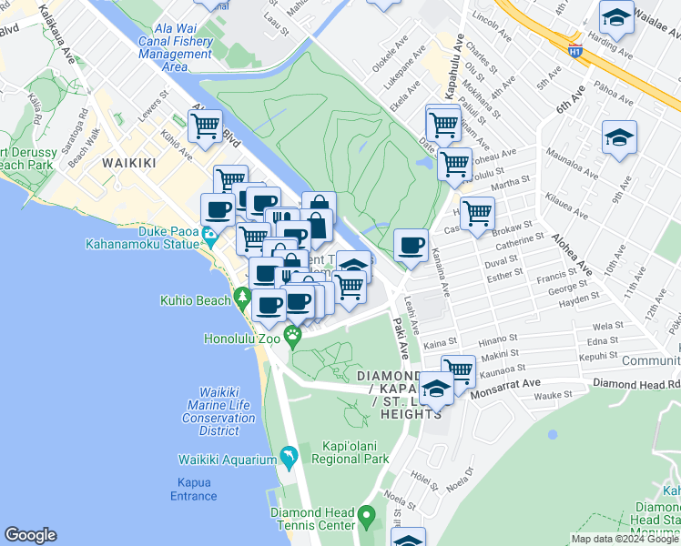 map of restaurants, bars, coffee shops, grocery stores, and more near 283 Wai Nani Way in Honolulu