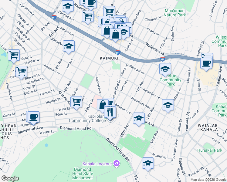 map of restaurants, bars, coffee shops, grocery stores, and more near 3744 Crater Road in Honolulu