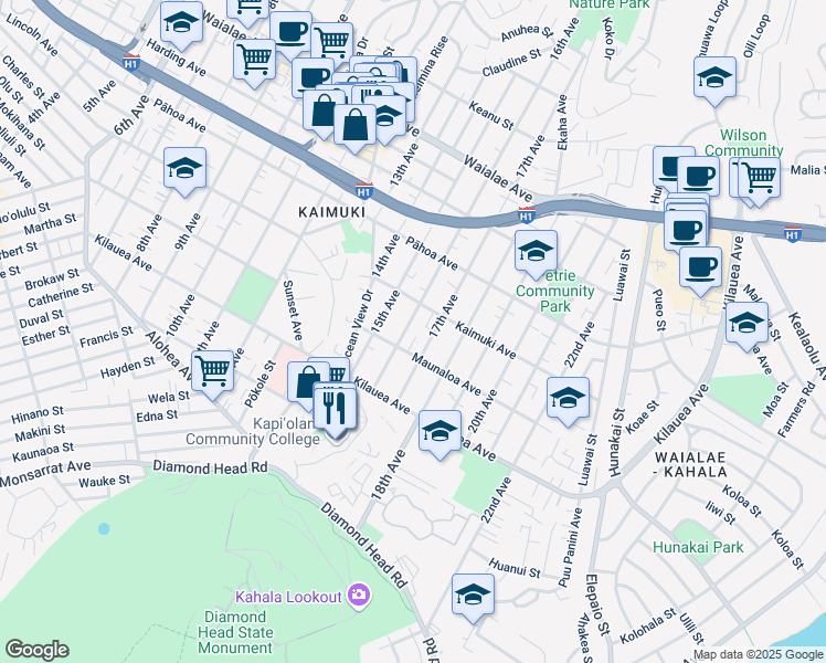 map of restaurants, bars, coffee shops, grocery stores, and more near 825 16th Avenue in Honolulu