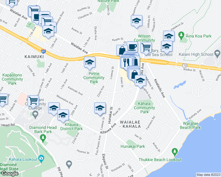 map of restaurants, bars, coffee shops, grocery stores, and more near 1017 Luawai Street in Honolulu