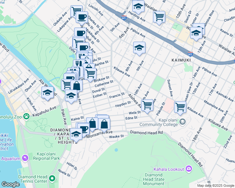 map of restaurants, bars, coffee shops, grocery stores, and more near 3348 Francis Street in Honolulu