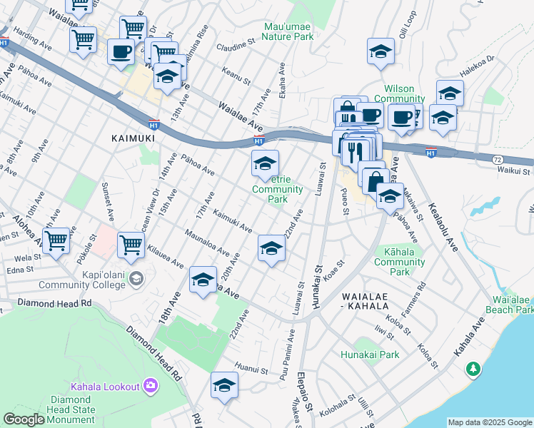 map of restaurants, bars, coffee shops, grocery stores, and more near 935 20th Avenue in Honolulu