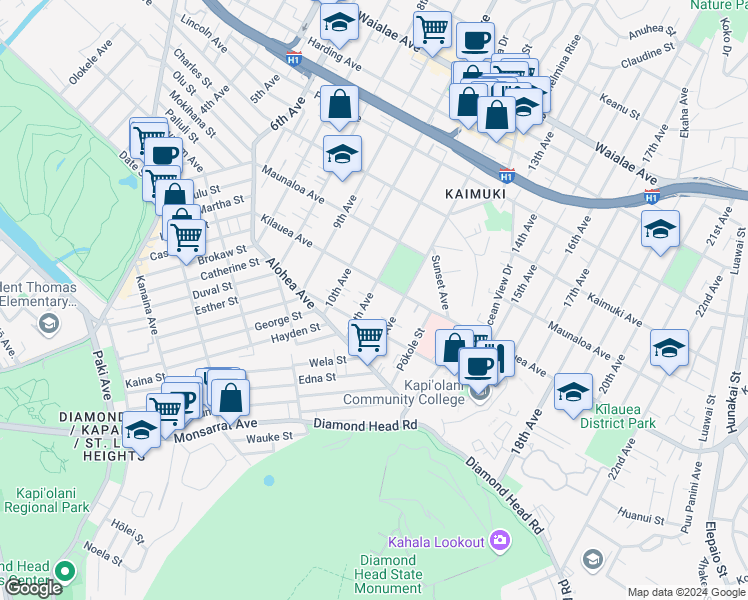 map of restaurants, bars, coffee shops, grocery stores, and more near 633 11th Avenue in Honolulu