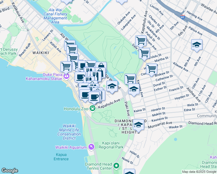 map of restaurants, bars, coffee shops, grocery stores, and more near 283 Wai Nani Way in Honolulu