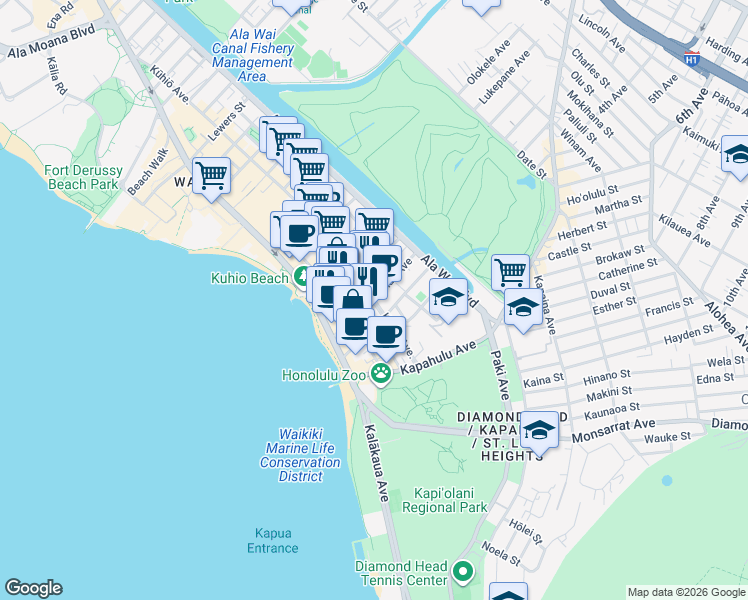 map of restaurants, bars, coffee shops, grocery stores, and more near 152 ʻŌhua Avenue in Honolulu