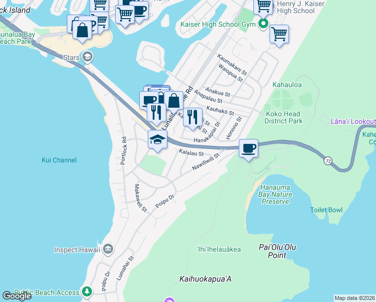 map of restaurants, bars, coffee shops, grocery stores, and more near 226 Kalalau Street in Honolulu