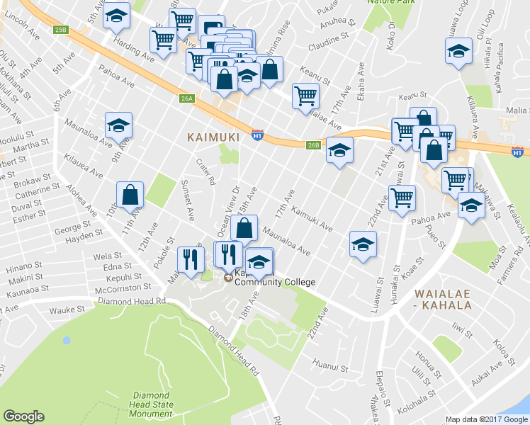 map of restaurants, bars, coffee shops, grocery stores, and more near 831 16th Avenue in Honolulu