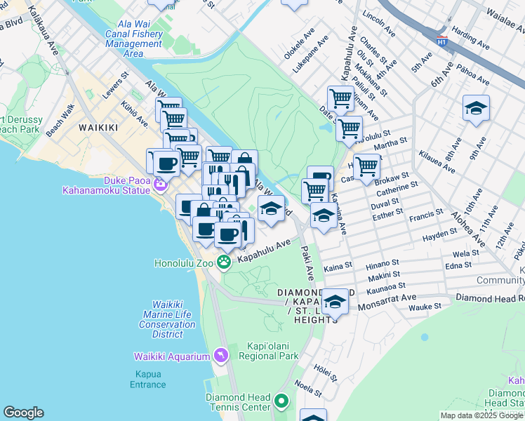 map of restaurants, bars, coffee shops, grocery stores, and more near 283 Wai Nani Way in Honolulu