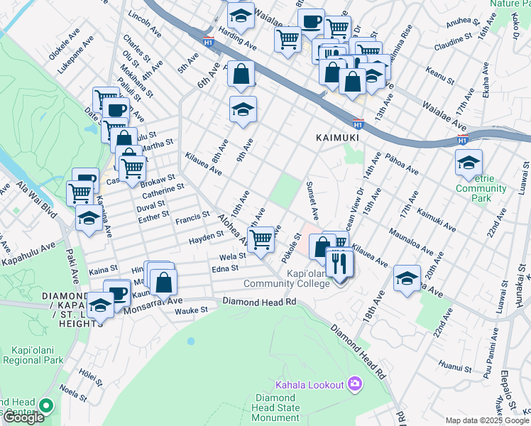 map of restaurants, bars, coffee shops, grocery stores, and more near 633 11th Avenue in Honolulu
