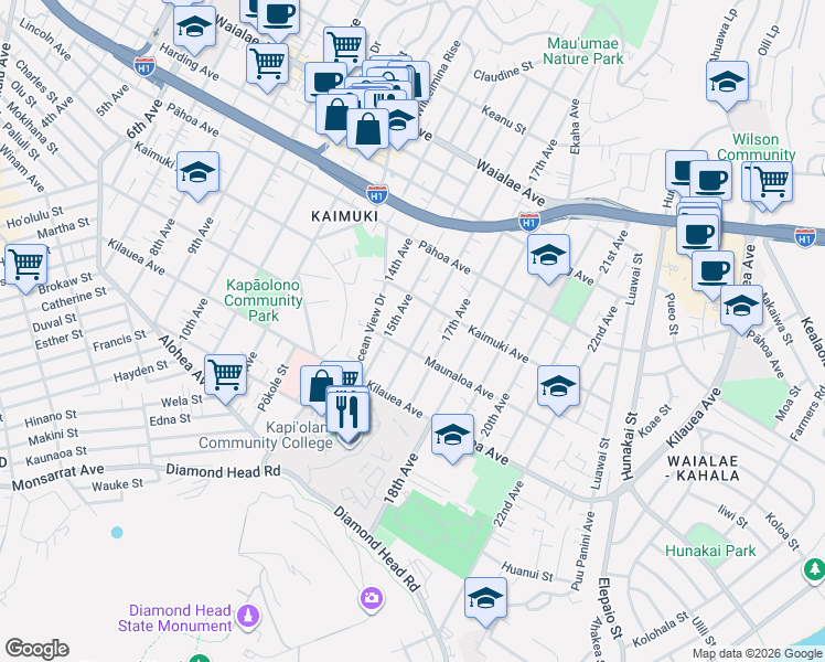 map of restaurants, bars, coffee shops, grocery stores, and more near 831 16th Ave in Honolulu
