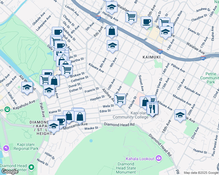 map of restaurants, bars, coffee shops, grocery stores, and more near 3518 Maunalei Avenue in Honolulu