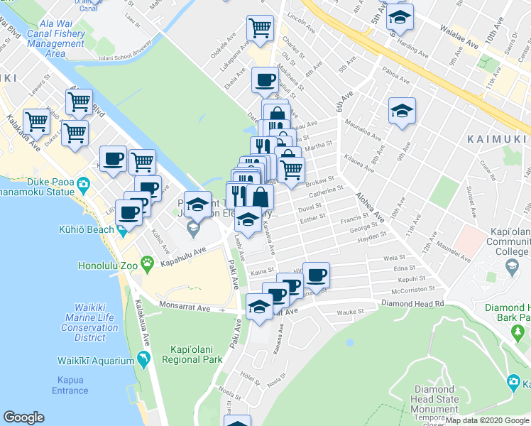 map of restaurants, bars, coffee shops, grocery stores, and more near 3355C Kanaina Avenue in Honolulu