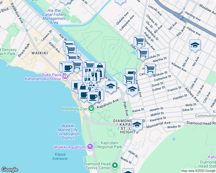 map of restaurants, bars, coffee shops, grocery stores, and more near 283 Wai Nani Way in Honolulu