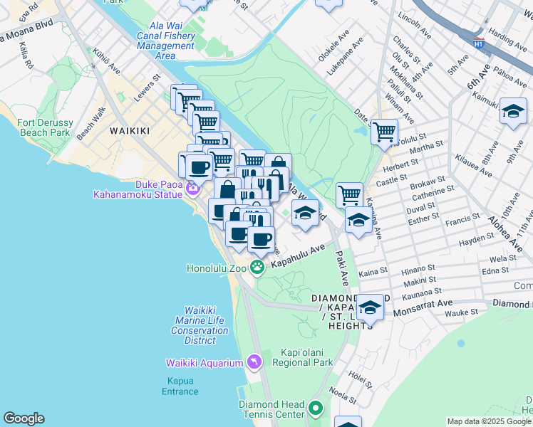 map of restaurants, bars, coffee shops, grocery stores, and more near in Honolulu