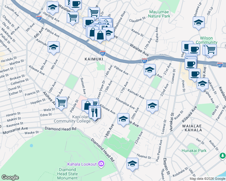 map of restaurants, bars, coffee shops, grocery stores, and more near 825 16th Avenue in Honolulu