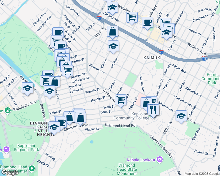 map of restaurants, bars, coffee shops, grocery stores, and more near 3518 Maunalei Avenue in Honolulu