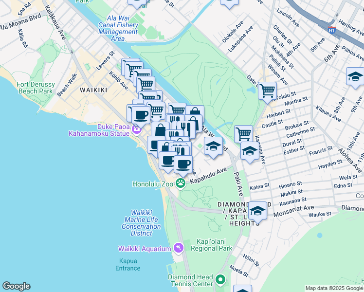 map of restaurants, bars, coffee shops, grocery stores, and more near in Honolulu