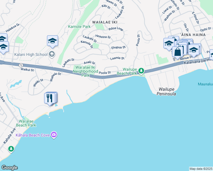 map of restaurants, bars, coffee shops, grocery stores, and more near 4895 Kalanianaʻole Highway in Honolulu