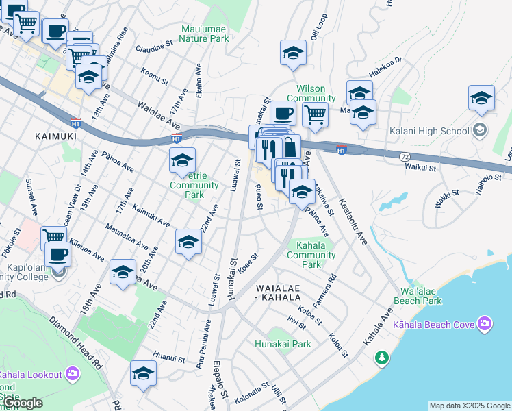 map of restaurants, bars, coffee shops, grocery stores, and more near 4256 Pāhoa Avenue in Honolulu