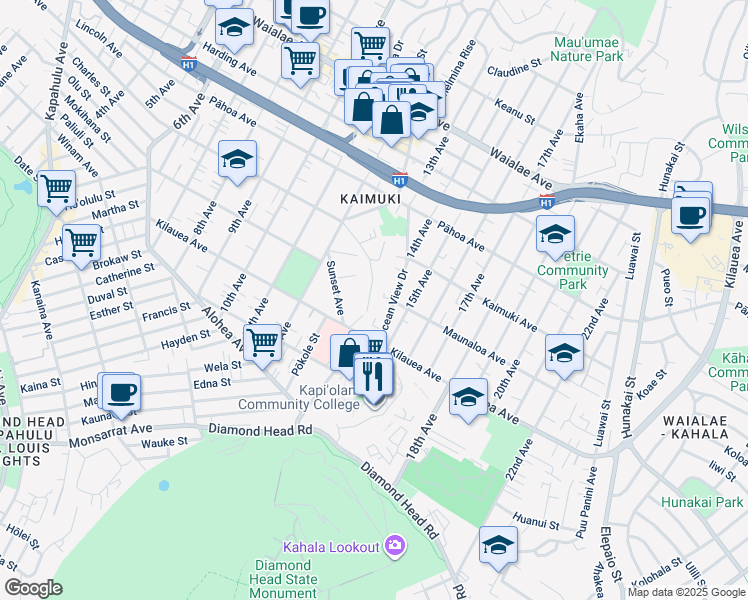 map of restaurants, bars, coffee shops, grocery stores, and more near 3744 Crater Road in Honolulu