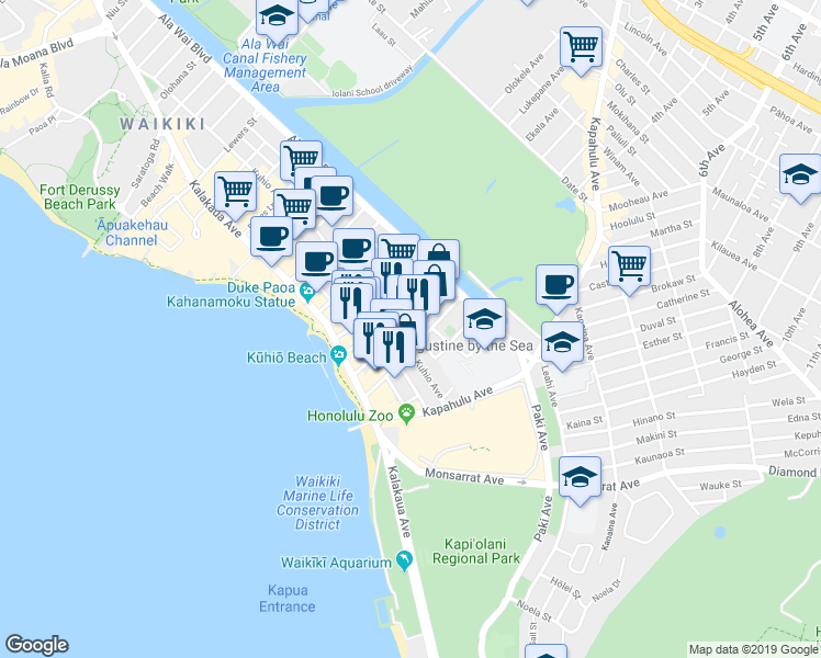 map of restaurants, bars, coffee shops, grocery stores, and more near in Honolulu