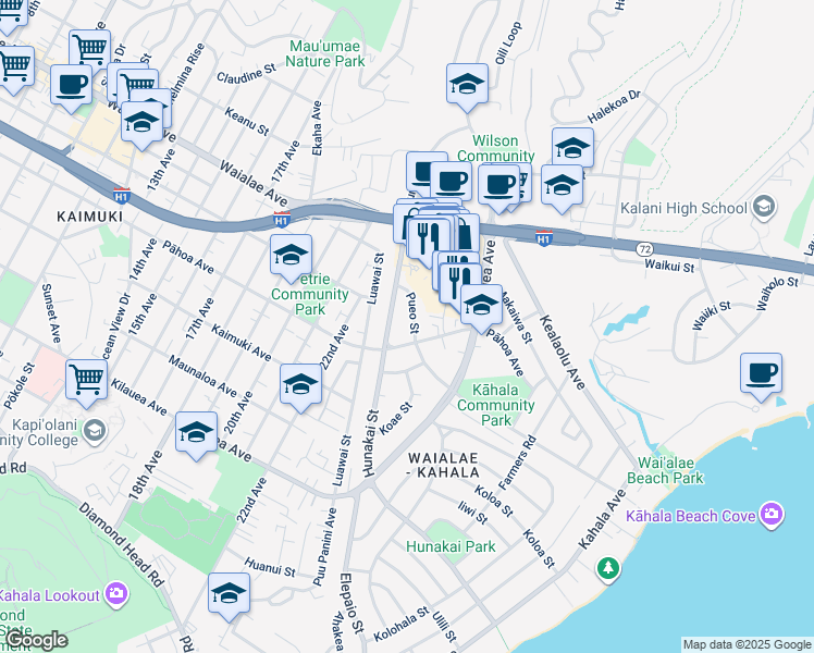 map of restaurants, bars, coffee shops, grocery stores, and more near 4256 Pāhoa Avenue in Honolulu