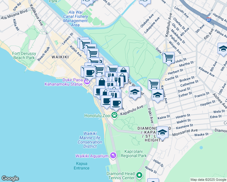 map of restaurants, bars, coffee shops, grocery stores, and more near 220 Ohua Avenue in Honolulu