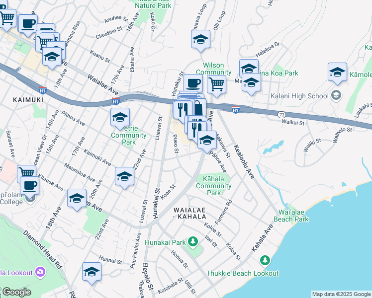 map of restaurants, bars, coffee shops, grocery stores, and more near 4583 Ahuli Place in Honolulu