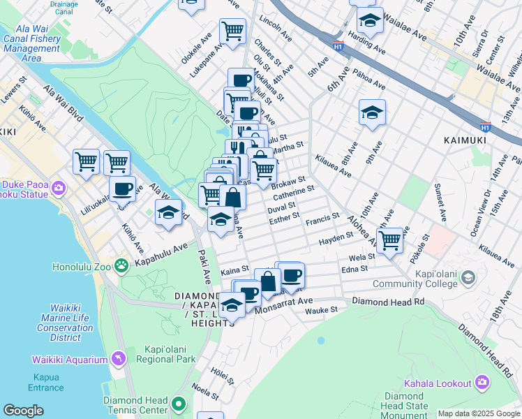 map of restaurants, bars, coffee shops, grocery stores, and more near 3133 Duval Street in Honolulu