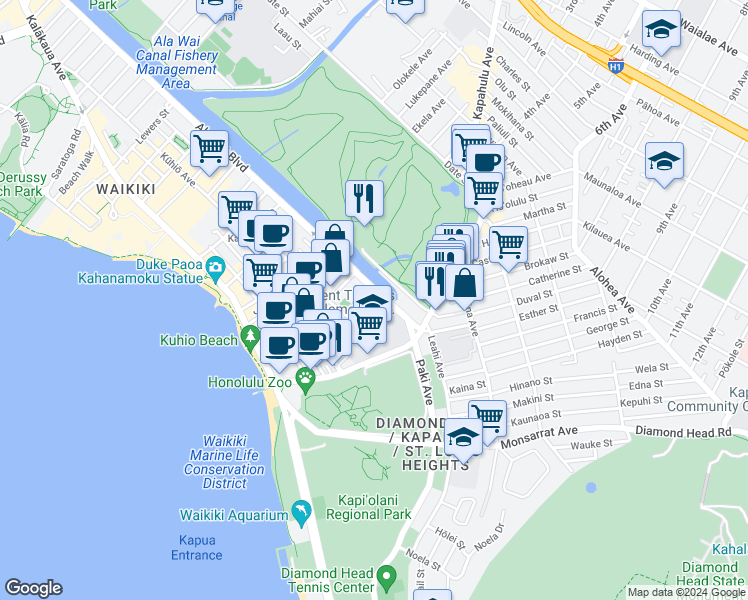 map of restaurants, bars, coffee shops, grocery stores, and more near 2611 Ala Wai Boulevard in Honolulu