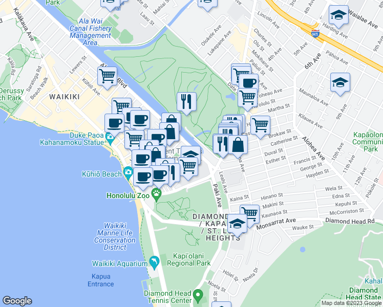 map of restaurants, bars, coffee shops, grocery stores, and more near 2611 Ala Wai Boulevard in Honolulu