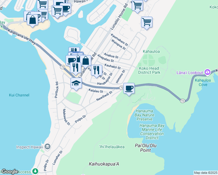 map of restaurants, bars, coffee shops, grocery stores, and more near 182 Nawiliwili Street in Honolulu