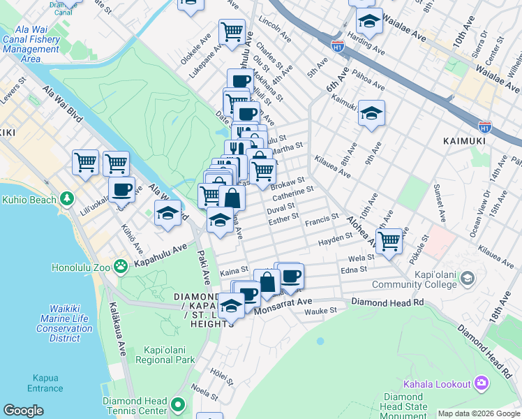 map of restaurants, bars, coffee shops, grocery stores, and more near 3387 Campbell Avenue in Honolulu