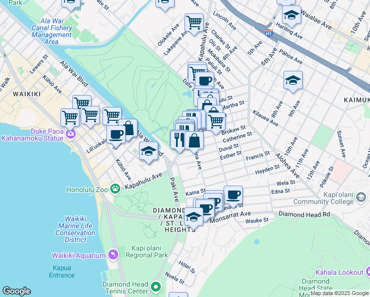 map of restaurants, bars, coffee shops, grocery stores, and more near 3355C Kanaina Avenue in Honolulu