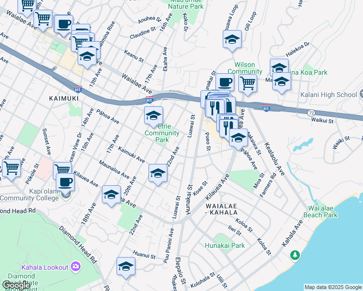 map of restaurants, bars, coffee shops, grocery stores, and more near 1017 Luawai Street in Honolulu