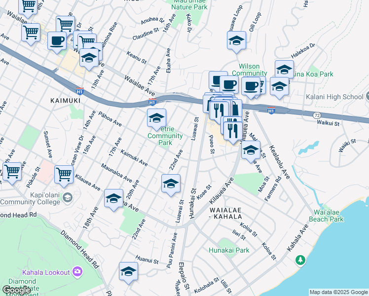 map of restaurants, bars, coffee shops, grocery stores, and more near 1017 Luawai Street in Honolulu