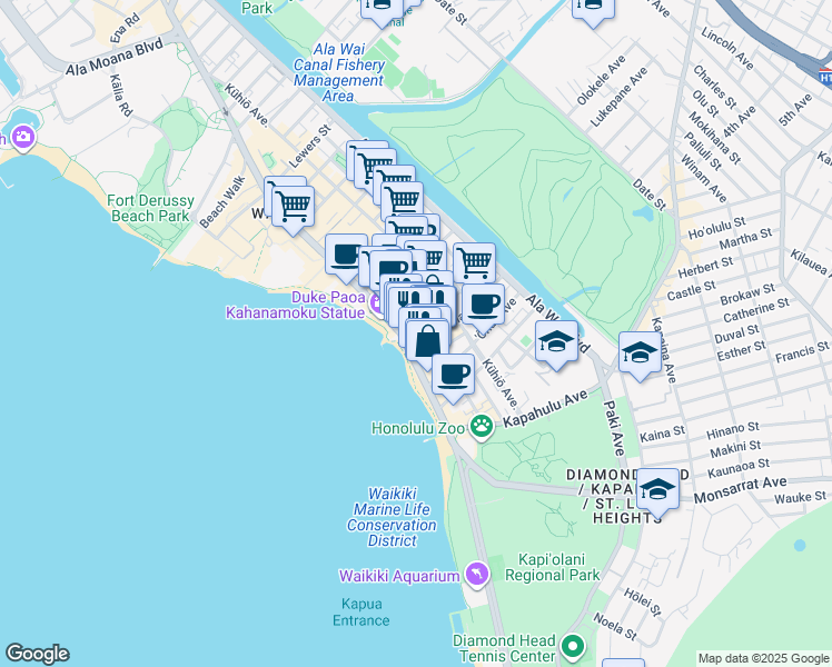 map of restaurants, bars, coffee shops, grocery stores, and more near 101 Liliʻuokalani Avenue in Honolulu