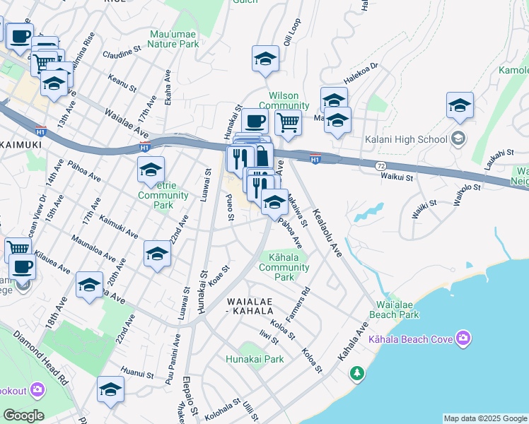 map of restaurants, bars, coffee shops, grocery stores, and more near 4614 Kilauea Avenue in Honolulu