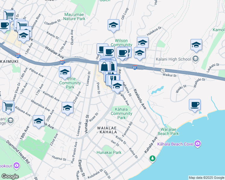 map of restaurants, bars, coffee shops, grocery stores, and more near 4614 Kilauea Avenue in Honolulu